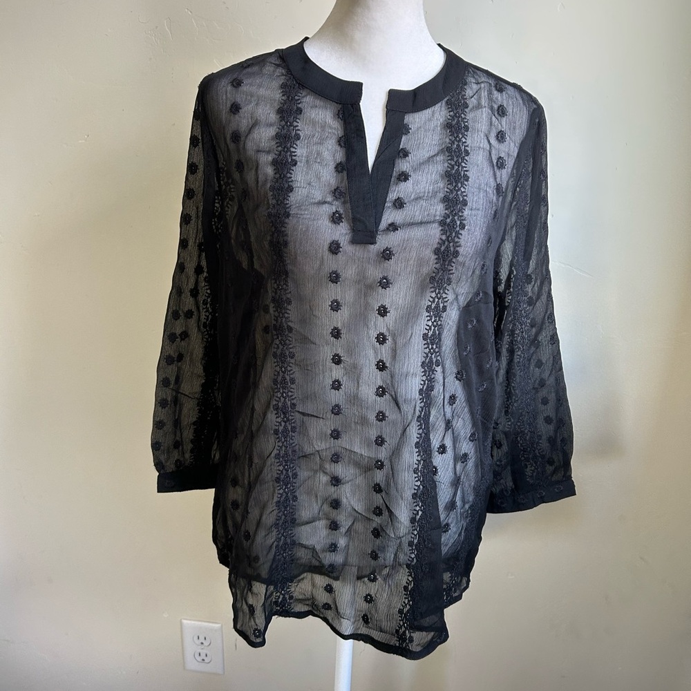Eyelet Embroidered Tunic Blouse Women’s S Sheer V-Neck Witchy Fairy Goth NWT